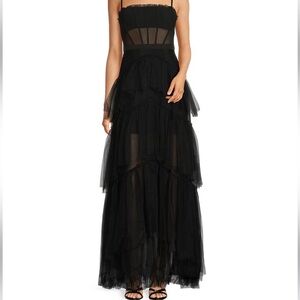 Betsy & Adam Tiered Ruffled Tulle Square Neck Mesh Sleeveless Gown - Black